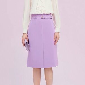 Tailored Front Slit Lavender Midi Pencil Skirt with Crystal Decorated Belt